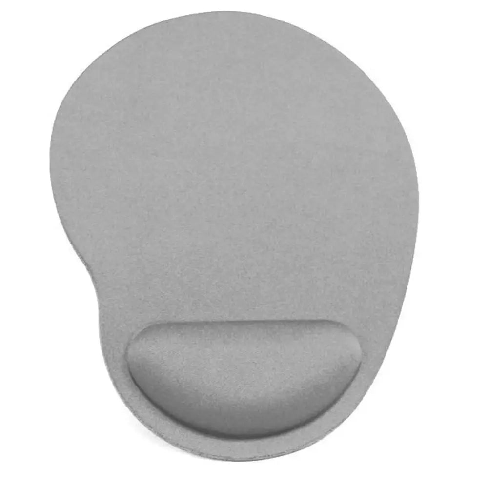 A smooth, oval gray ergonomic mouse pad designed for comfortable wrist support.