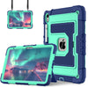 A teal protective case for an Apple iPad is shown with a screen displaying the aurora borealis.