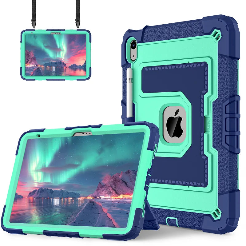 A teal protective case for an Apple iPad is shown with a screen displaying the aurora borealis.