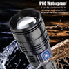 An ultra-bright tactical LED flashlight with an adjustable zoom lens is shown against a dark background with water splashing.