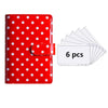 Red binder cover with white polka dots and a clear plastic sleeve containing six cards