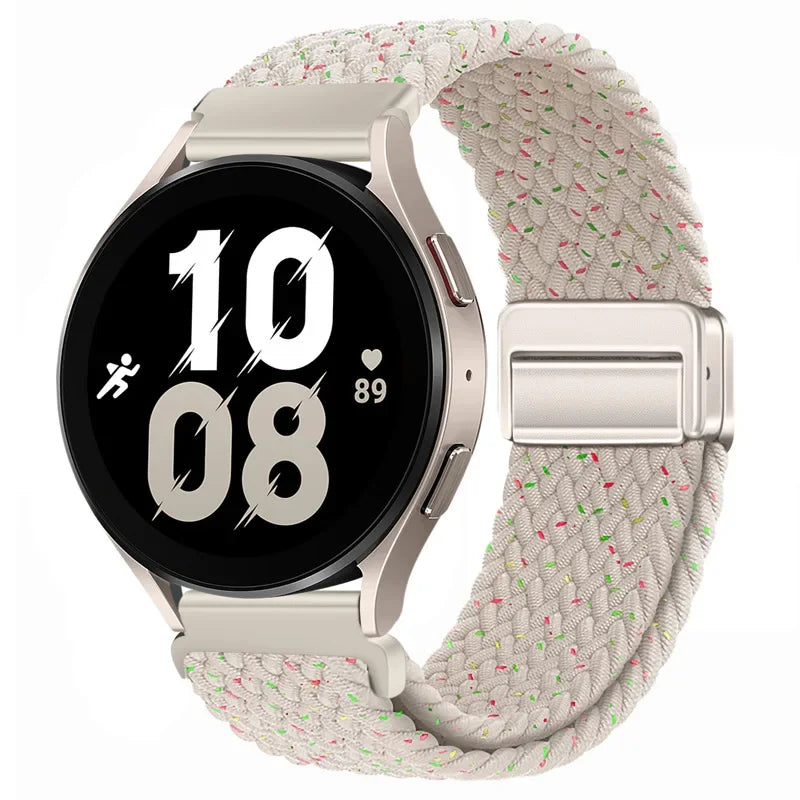Silberner magnetischer Armband für eine Smartwatch, die 10:08 anzeigt.