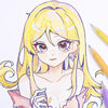 Anime style illustration of a blonde girl with purple eyes and yellow hair holding a pen set.