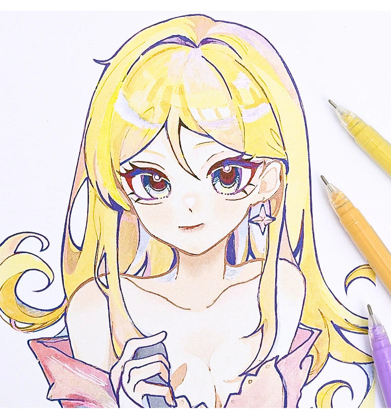 Anime style illustration of a blonde girl with purple eyes and yellow hair holding a pen set.