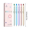 A set of five colorful gel ink pens in various shades and finishes displayed in a pink packaging box.