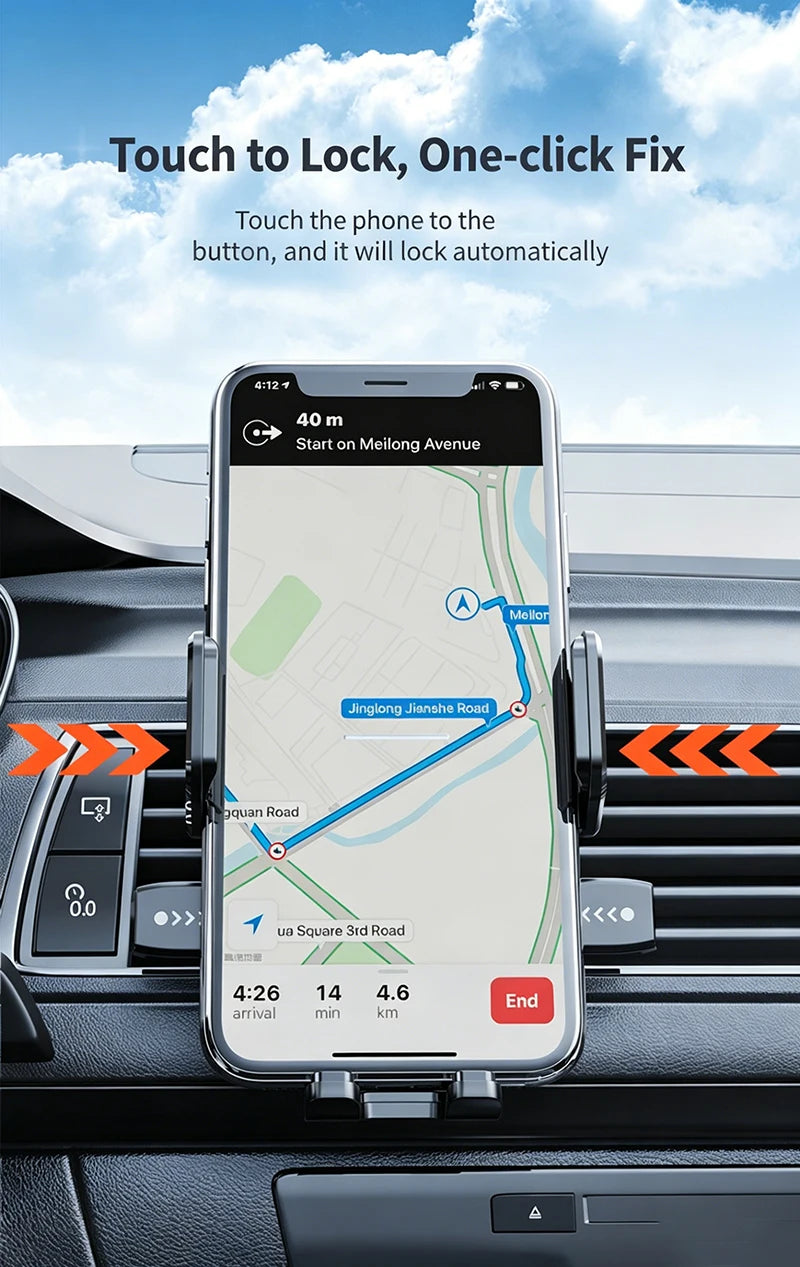هاتف ذكي يعرض خريطة ملاحة مثبت على لوحة قيادة السيارة، يوضح ميزة Touch to Lock و One-click Fix