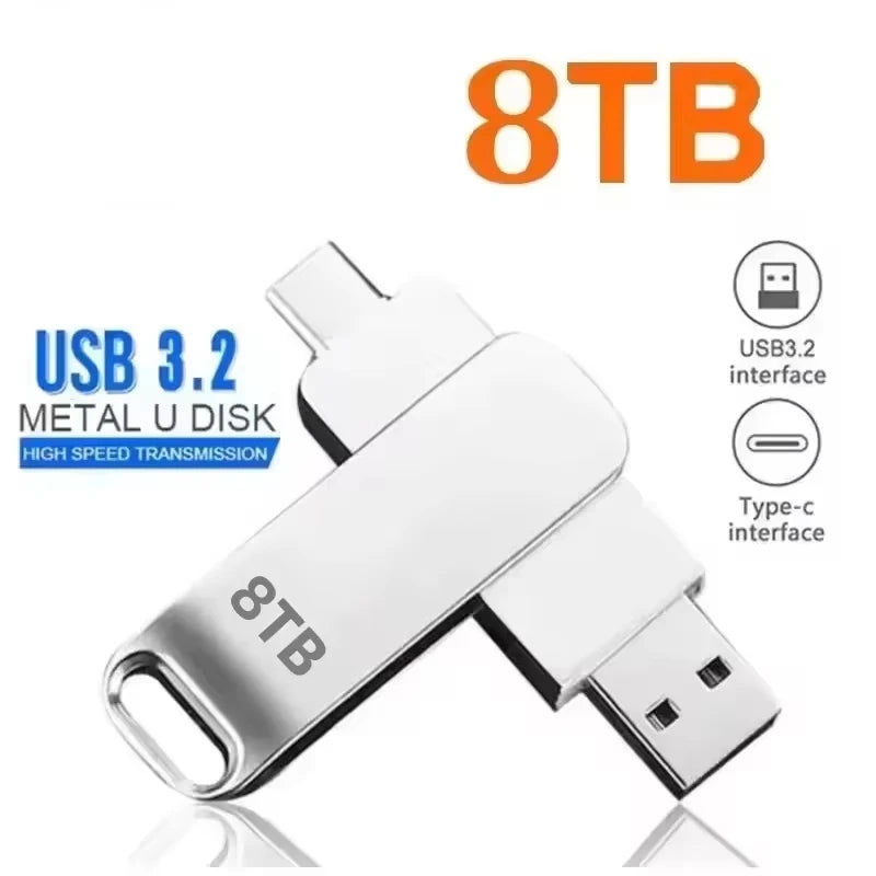 A silver USB 3.2 Metal U disk with an 8TB capacity and Type-C interface connector.