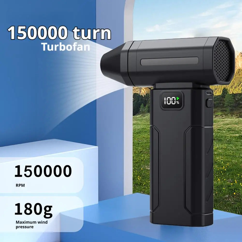A black handheld air blower with a turbofan nozzle is shown against a blue background, demonstrating 15000 RPM and 180g wind 