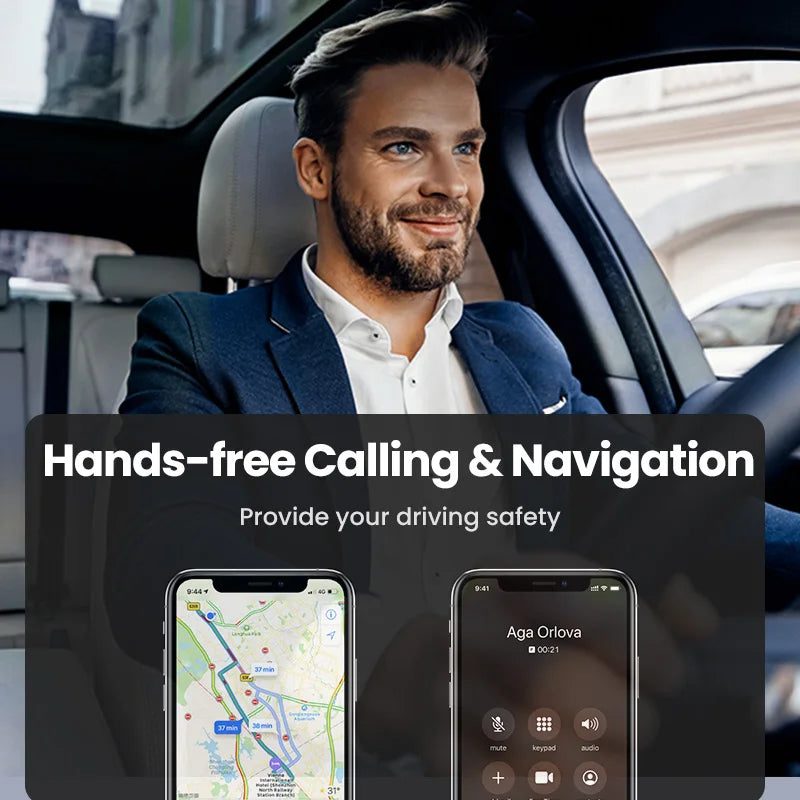 A man is driving and using a smartphone for hands-free calling and navigation in a car.