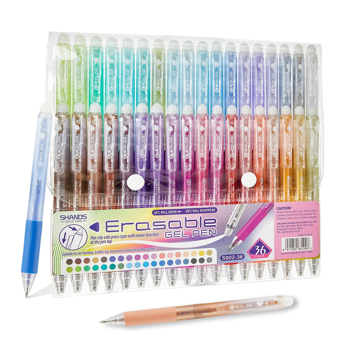 A set of 36 multicolor erasable gel pens in a clear plastic case with a loose pen displayed below.