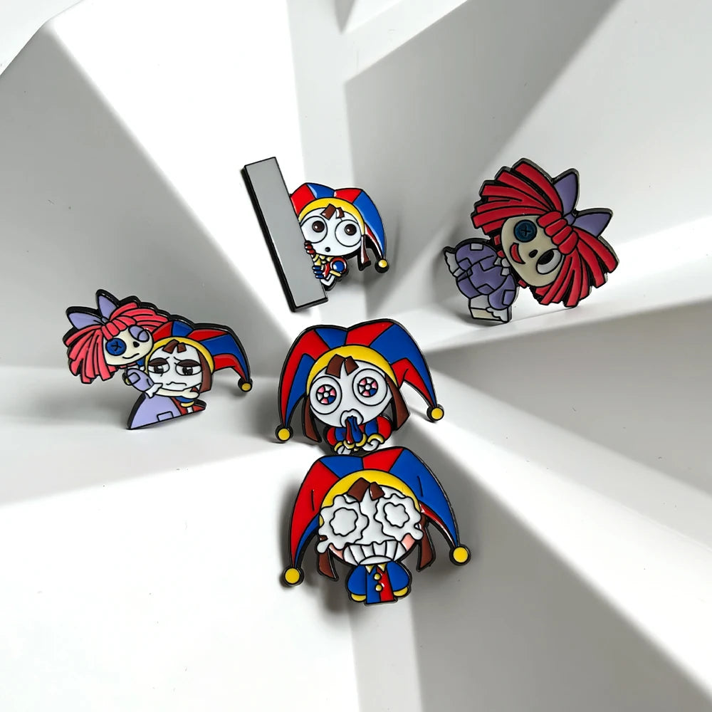 A set of five metal pins featuring cartoon anime characters with vibrant hair and facial expressions.