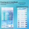 A set of blue writing pens in a handbook featuring various shades and a nine-color suit.