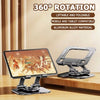 A black aluminum alloy 360° rotation adjustable stand for a tablet or laptop.