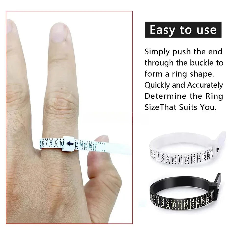 A hand demonstrates how to use a reusable ring sizer tool to determine the correct finger size for a ring.