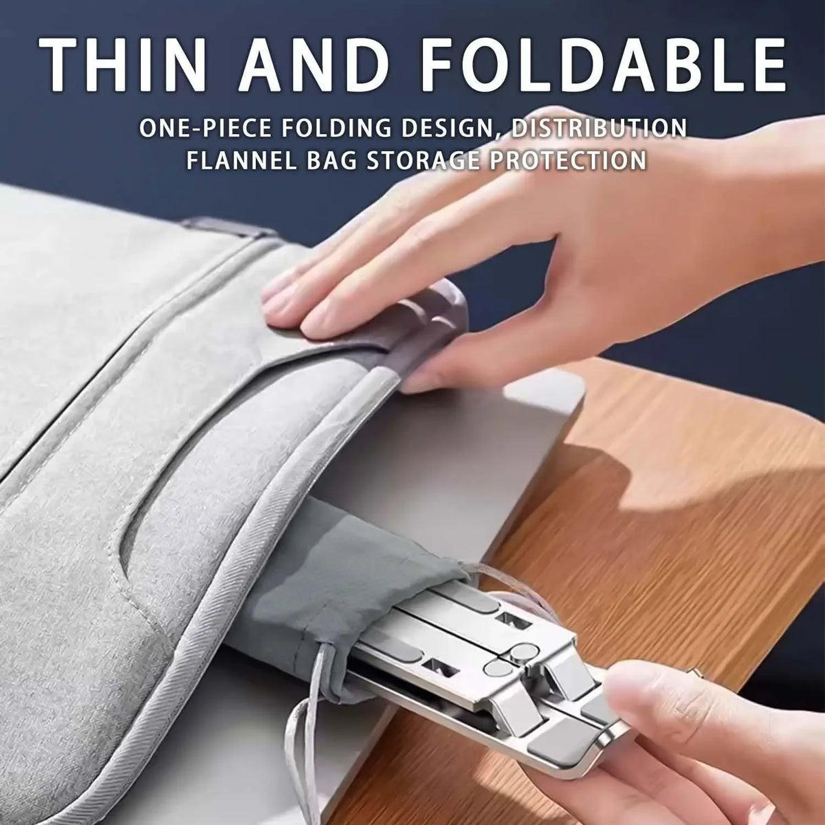 A hand is demonstrating a thin and foldable one-piece folding design flannel bag storage protection for a laptop.