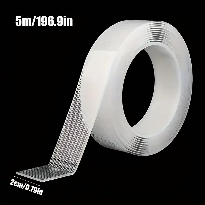 Roll of 5m (196.9in) heavy duty double-sided transparent mounting tape shown with a 2cm (0.79in) width sample.