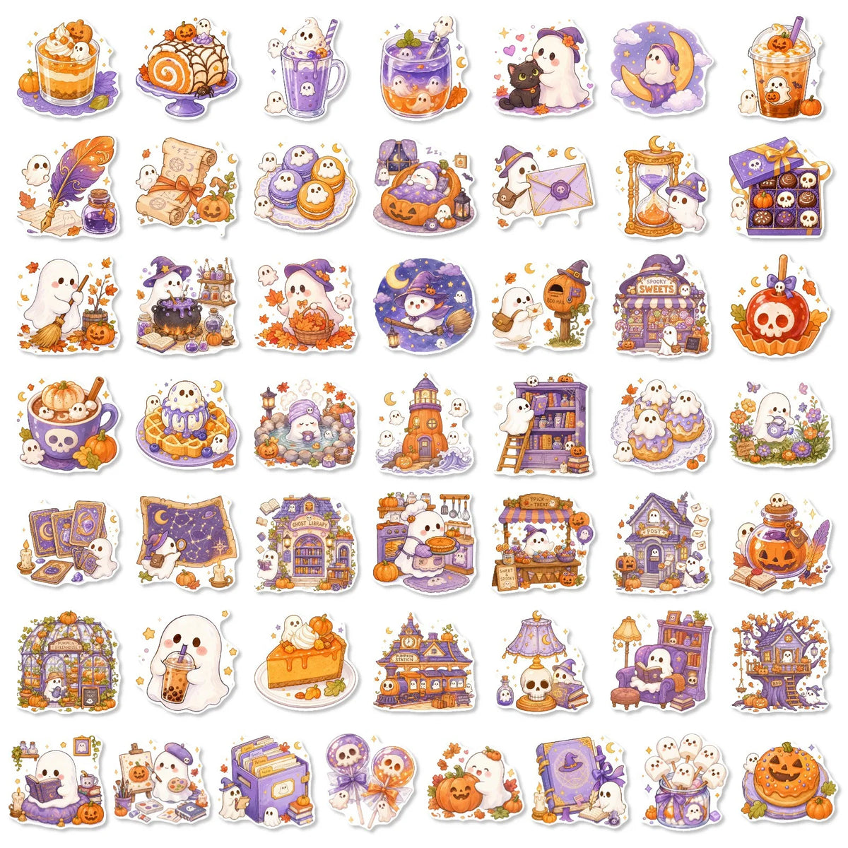 A collection of 50 cute ghost, pumpkin, and dessert vinyl decals featuring pastel Halloween themes.