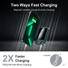 A smartphone is shown being charged using two methods: magnetic wireless charging and a wired connection.