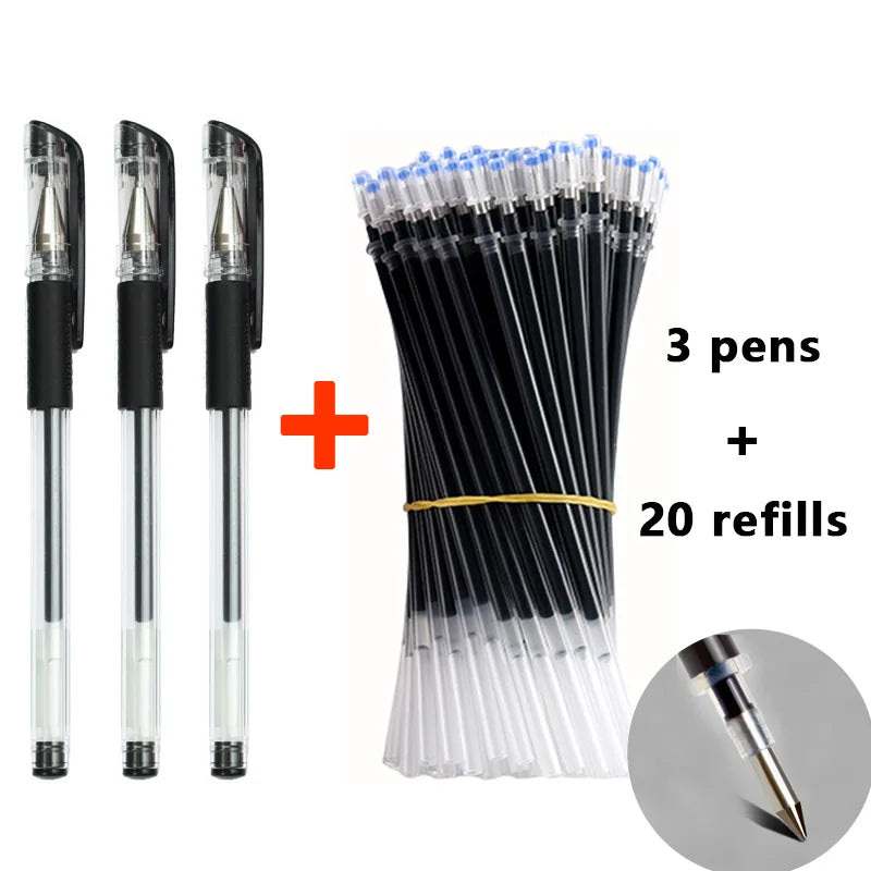 Un set de bolígrafos de gel negros con 20 recargas y tres plumas junto a un primer plano de la punta de un bolígrafo.