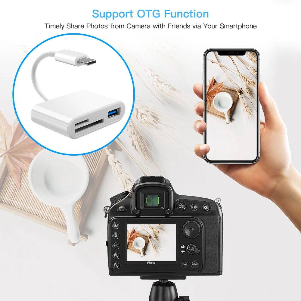 Una cámara digital negra con un adaptador y cable OTG, mostrando la capacidad de compartir fotos a través de un smartphone.
