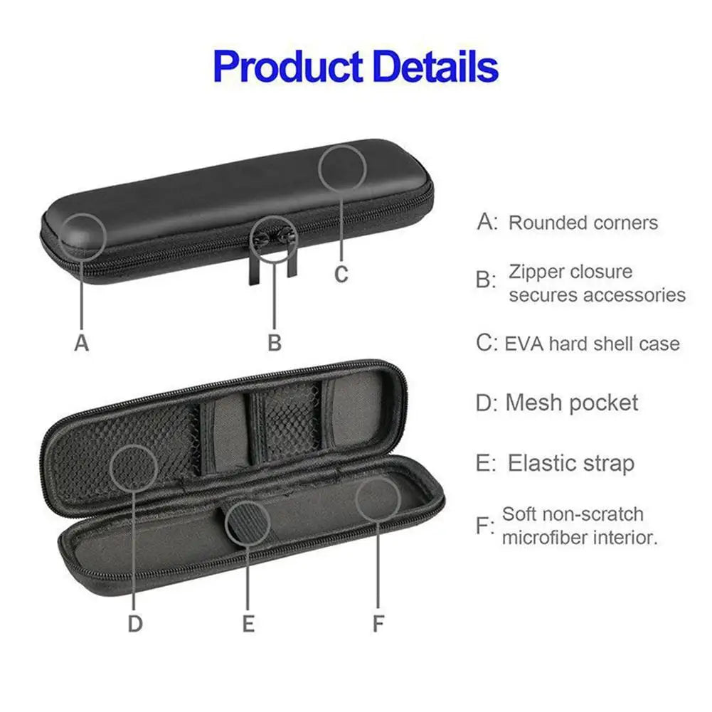 Black compact EVA hard shell pencil case featuring a zipper closure, mesh pockets, and elastic strap.