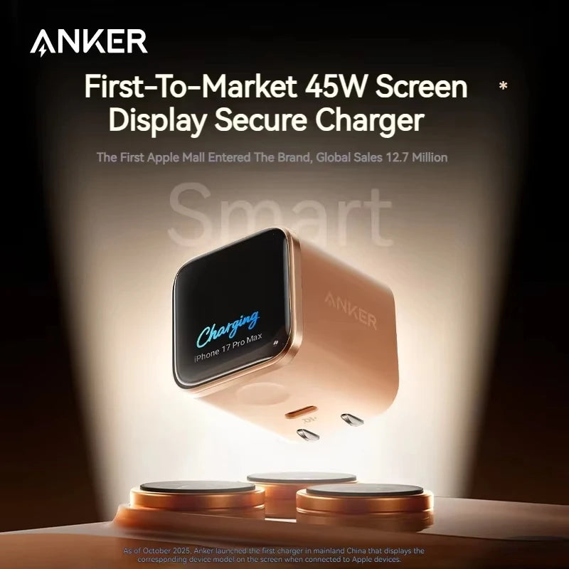 Anker First-to-Market 45W Screen Display Secure Charger device shown with an iPhone 17 Pro Max charging on a wooden surface.