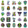 A collection of 50 psychedelic alien and leaf stickers featuring various green, purple, and colorful alien designs.