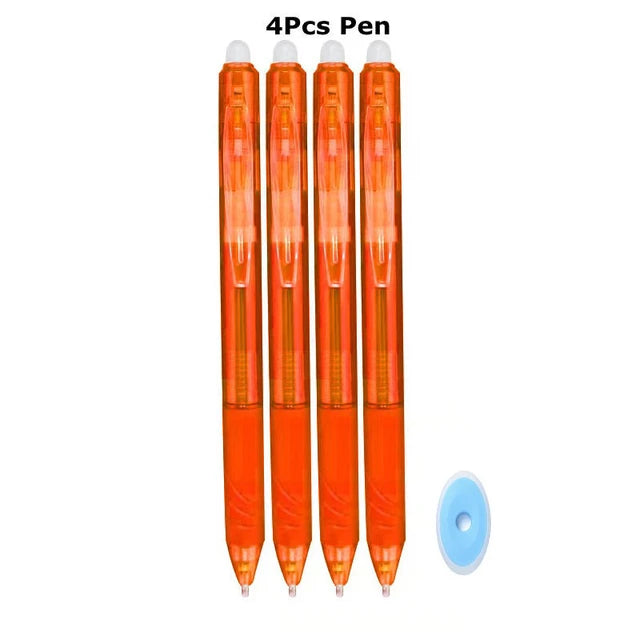 A set of four orange retractable gel pens with clear tips and a blue cap shown next to them.