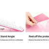 Pink acrylic keyboard riser stand showing how to peel off the protective film for a better experience.