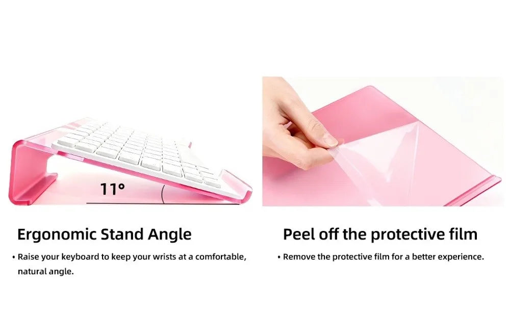 Pink acrylic keyboard riser stand showing how to peel off the protective film for a better experience.