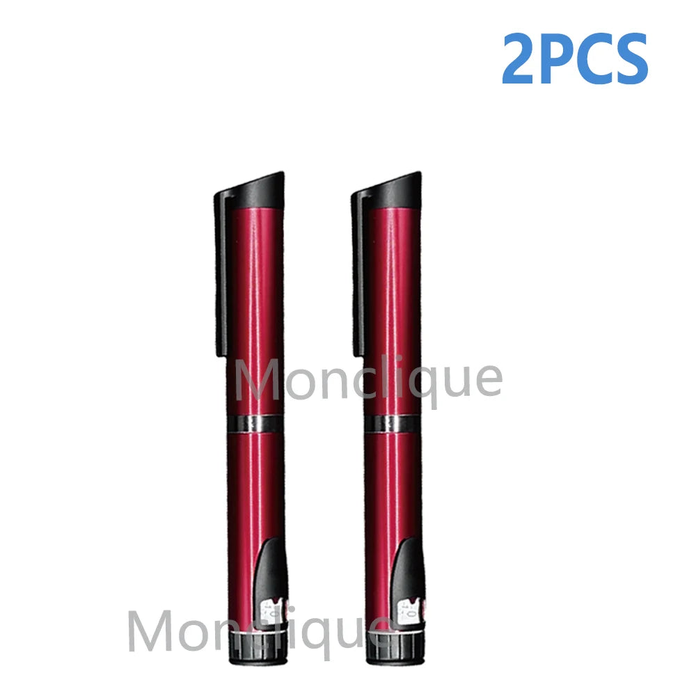 Two red metal injection pens shown vertically against a white background.
