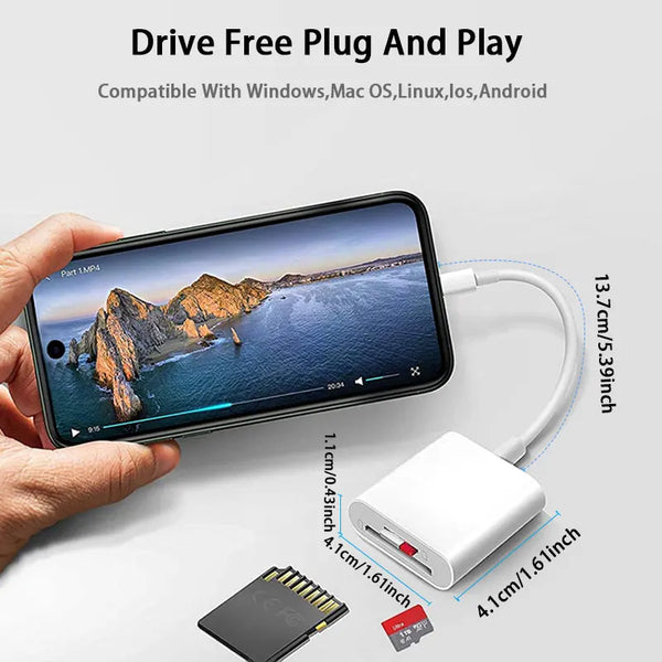 A hand holds a smartphone connected to a plug and play card reader adapter for transferring data.