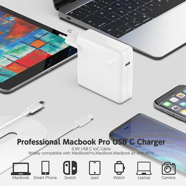 A white USB-C charger is shown next to various Apple devices including a MacBook, iPhone, iPad, watch, and laptop.