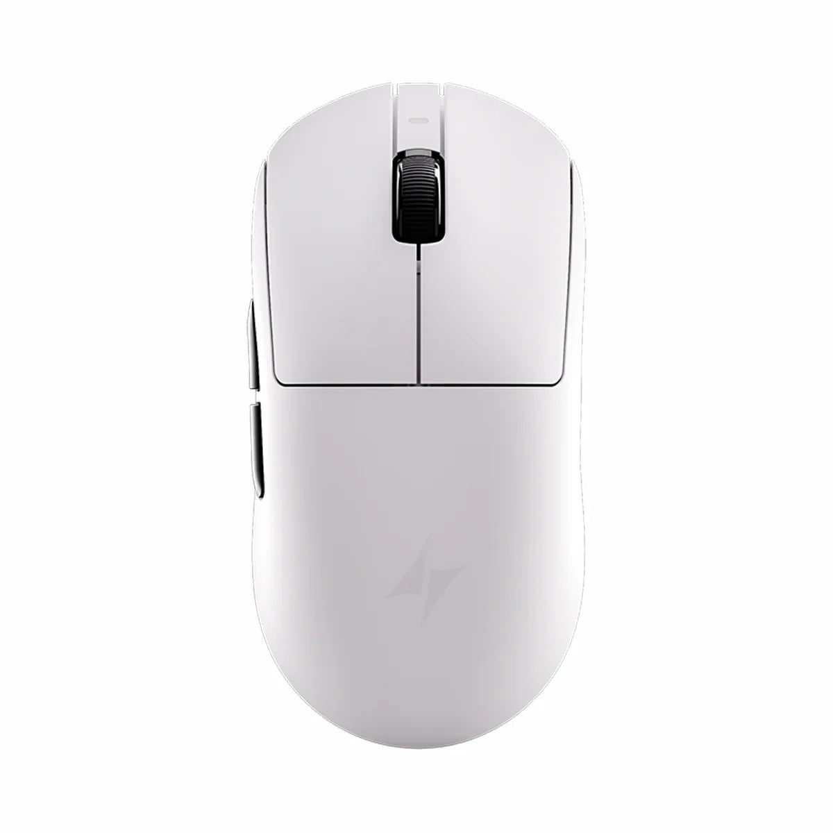 Weiße ergonomische kabellose Gaming-Maus von oben.