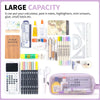 A large capacity pencil case filled with various school and office tools including calculators, notes, scissors, and pens.