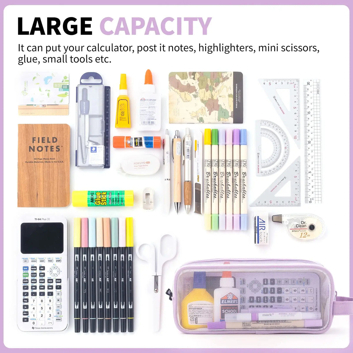 A large capacity pencil case filled with various school and office tools including calculators, notes, scissors, and pens.