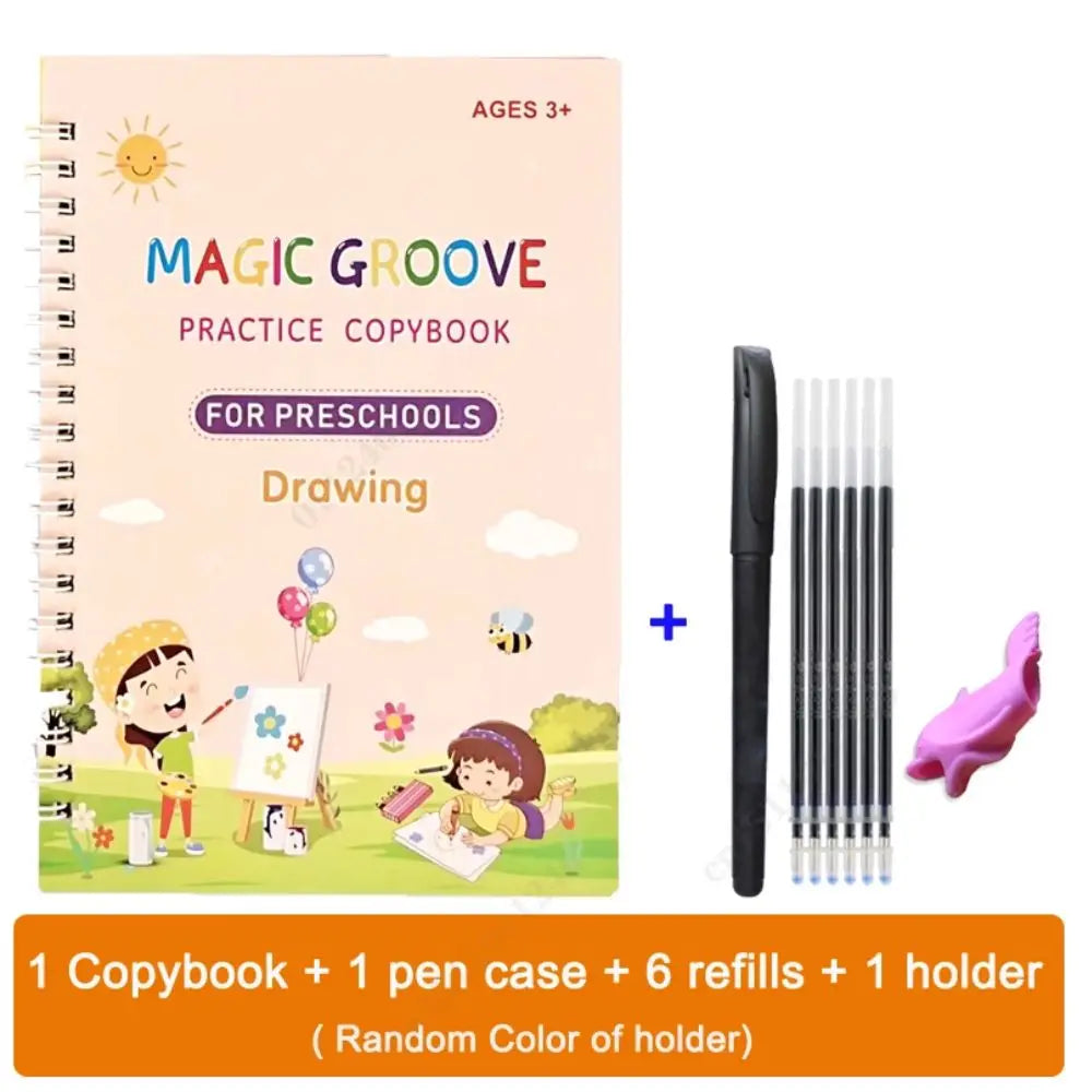 A Magic Groove practice copybook for preschoolers with a pen case, six refills, and a holder.