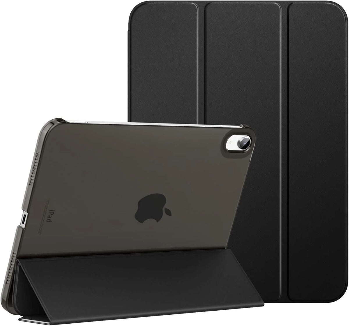 A dark gray slim stand case for an iPad showing the device and its protective cover.