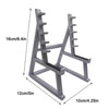A gray barbell rack desk pen holder organizer with adjustable height and support bars.