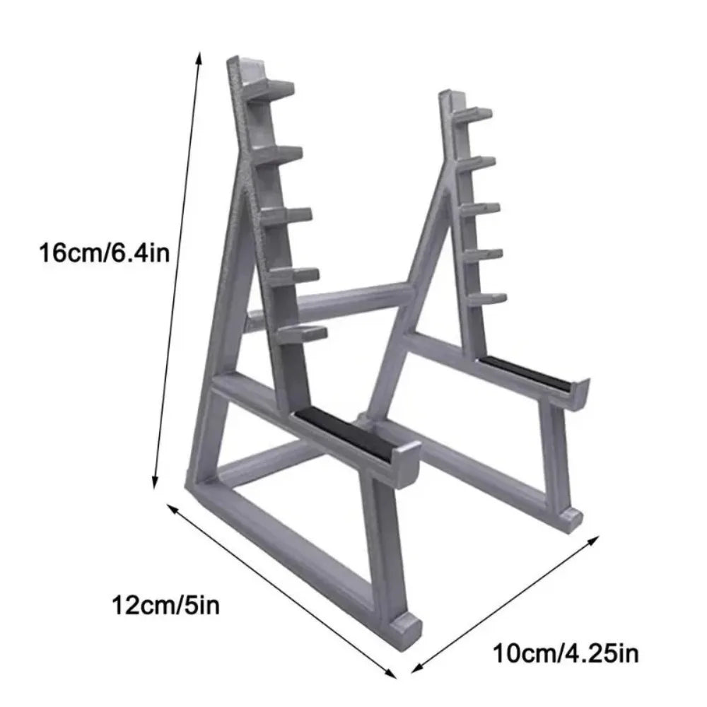 A gray barbell rack desk pen holder organizer with adjustable height and support bars.