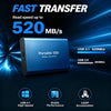 Blauer tragbarer SSD-Speicher mit Angabe einer Transfergeschwindigkeit von 520 MB/s