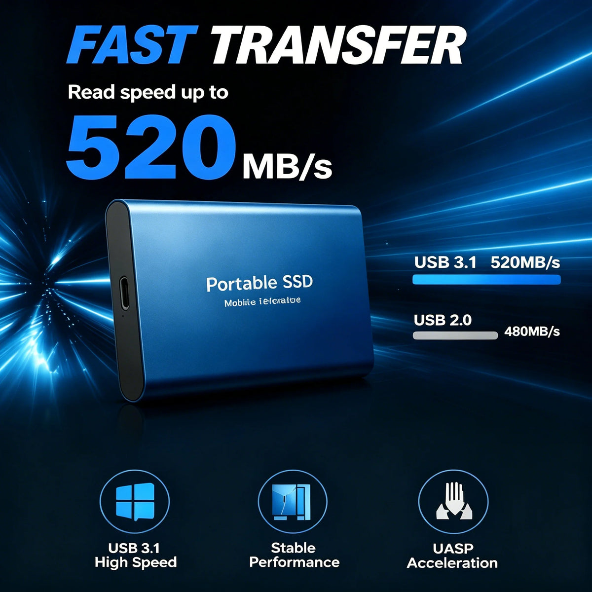 Blauer tragbarer SSD-Speicher mit Angabe einer Transfergeschwindigkeit von 520 MB/s