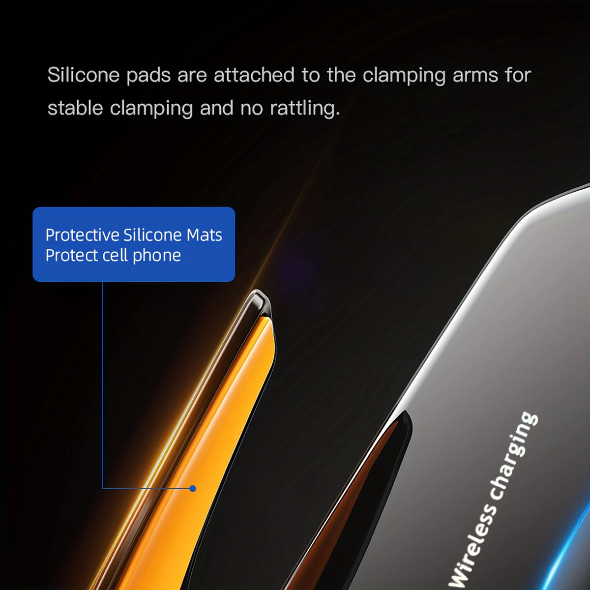 A close-up of a wireless phone mount with silicone pads attached to clamping arms, showing protection for a cell phone.