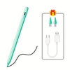 A light green universal active stylus pen with a black cable and tips shown next to charging connectors.