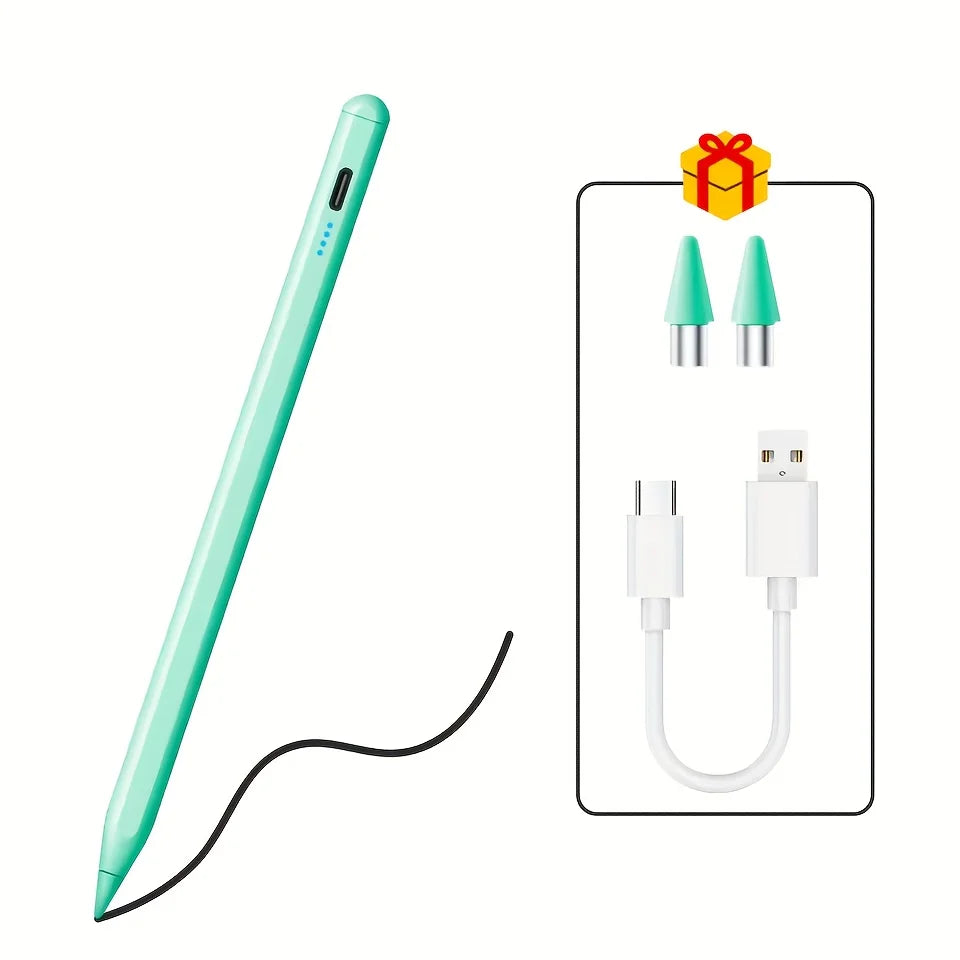 A light green universal active stylus pen with a black cable and tips shown next to charging connectors.