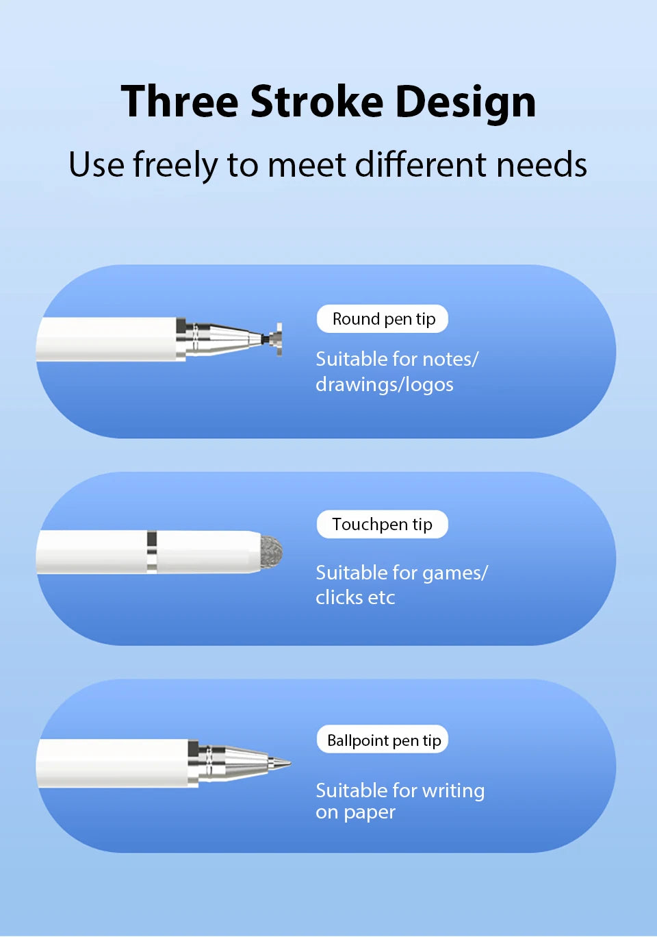 Three stroke design stylus pen with round, touch, and ballpoint tips for various needs