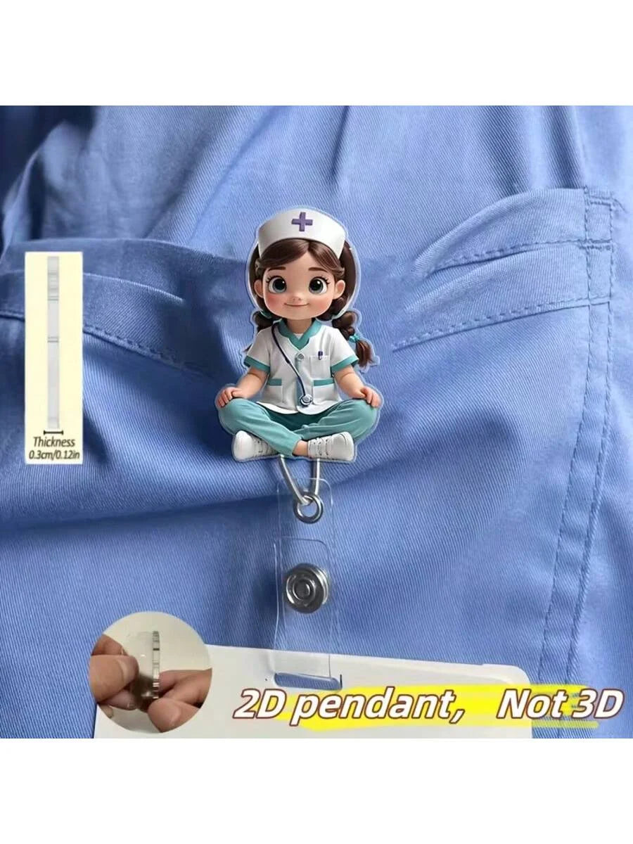 Ein 2D-Anhänger für ein Krankenschwestern-ID-Badge vor blauem Stoffhintergrund.