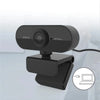 A black HD webcam is shown with a flexible cable, positioned near a laptop.