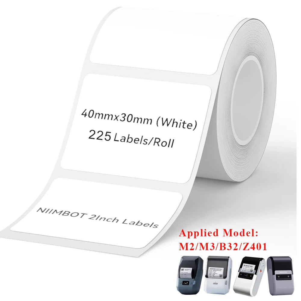 Roll of white thermal transfer labels with 40mm x 30mm size and 225 labels per roll