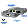 A silver Ethernet splitter device with indicator lights and a USB-C power input.